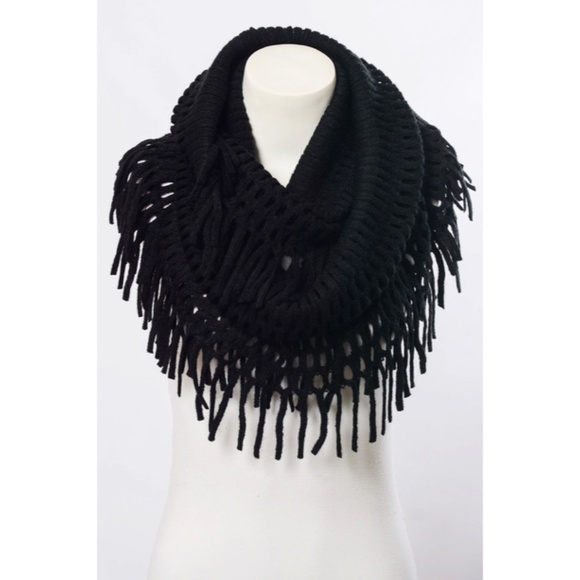 SOLD OUT Black Fringe Soft Chenille Tassel Infinity Winter Scarf Women's - Picture 2 of 2